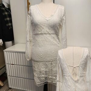 White Crochet Lace V-Neck Mini Dress Plunge Back Tassel Tie Long Sleeve Large